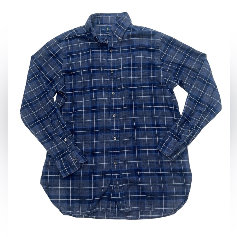 Ralph Lauren Long Sleeve Blue Plaid Shirt 100% Cotton Classic Fit Size L